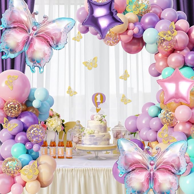 163Pcs Butterfly Pink and Purple Balloons Garland Arch Kit, Birthday Baby Shower Decorations Pink Purple Blue Confetti Star Balloons for Girls Women Mother Day Butterfly Party Baby Shower Supplies