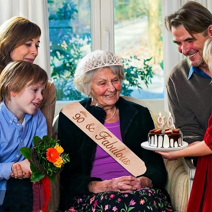 90th Birthday Decorations for Women with Rose Gold Sash, Tiara,Numbers Candles, Sincere 90th Birthday Gifts for Women