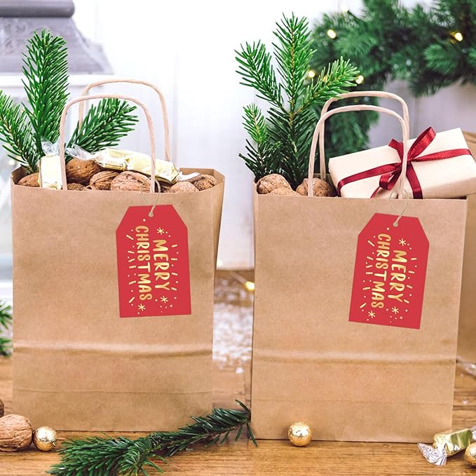 Anwyll Christmas Gift Tags with String - 50Pcs Gold and Red Merry Christmas Tags for Gifts Xmas Gift Tag Happy Holidays Hang Paper Label Tag for Present Wrapping Treat Goodie Bag Holiday Party Favors