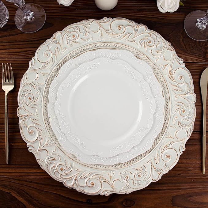 Efavormart 12-Pack Acrylic Charger Plates 14" Round Antique White Gold with Engraved Baroque Rim - Vintage Disposable Decorative Chargers