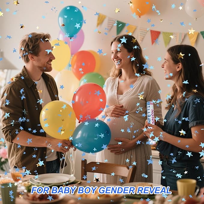 4 Pack Gender Reveal Confetti Cannon, 12 in Blue Star Shaped Paper Party Poppers Cannons, Confetti Poppers For Baby Boy Gender Reveal Baby Showers (Star, Blue)