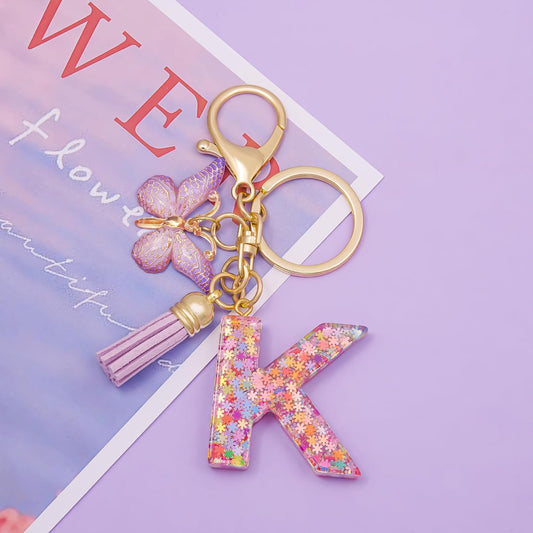 Fashion Alphabet Initial Letter Keychain Tassel Butterfly Pendant Key Ring for Purse Handbags Women Girl