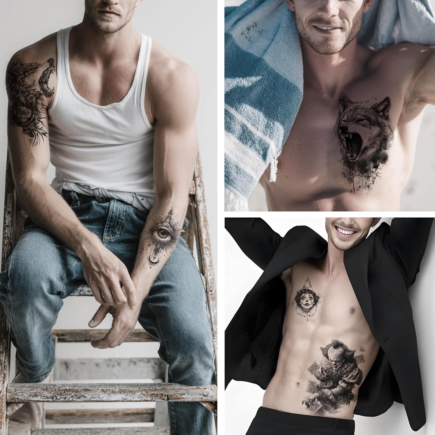 DONGZISHANGDIAN Temporary Tattoos | This set of 76 haunting tattoo stickers is perfect for Halloween, featuring dark elements and totems. For various parties and cosplay. Unisex, bold, trendsetting.
