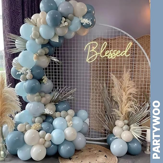 PartyWoo Dusty Blue Balloons 65pcs 12 Inch Light Baby Slate Blue Off White Sand Metallic Gold Boho Confetti Balloons for Graduation Boy Baby Shower Gender Reveal Birthday Wedding Party Decorations