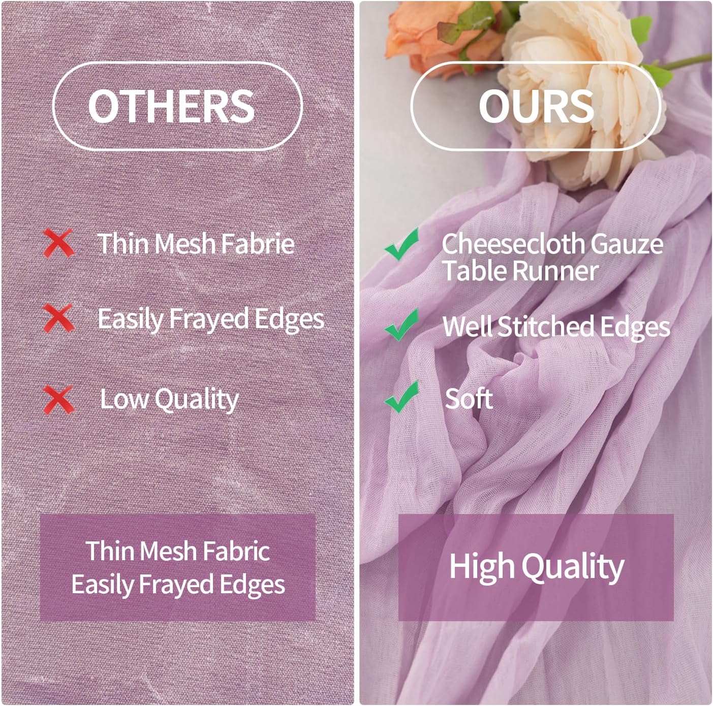 6 Pack Lilac Purple Cheesecloth Table Runner 35x120 Inch Boho Gauze Table Runner, Rustic Sheer Cheese Cloth Fabric Table Runners for Parties, Baby Shower, Birthday and Weddings
