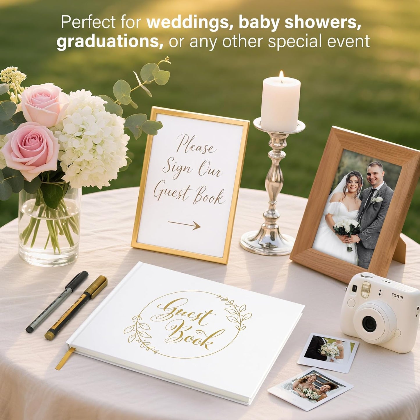 LotFancy Wedding Guest Book, 10x8’’ Sign in Book, Polaroid Guest Book with 128 Pages, Gold Foil Hardcover, Guestbook for Wedding Reception, Bridal Shower, Birthday and Special Events