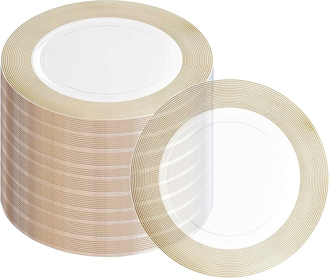 PARTY BARGAINS 13-Inch Charger Plates - 48 Pack, Clear Gold Rope Textured Rim, Heavy-Duty Disposable Chargers for Elegant Dining - Ideal for Weddings and Formal Events