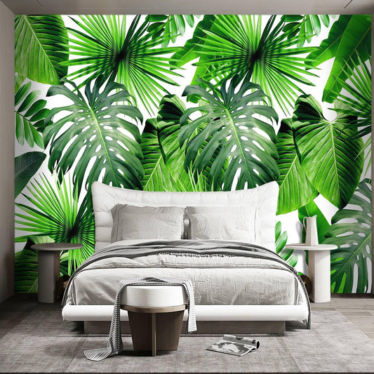 Tropical Green Botanical Leaf Wallpaper Bedroom Plant Mural Room Decor Living Room tv Background Large Wall Mural - 91"x65" (Not Peel and Stick)