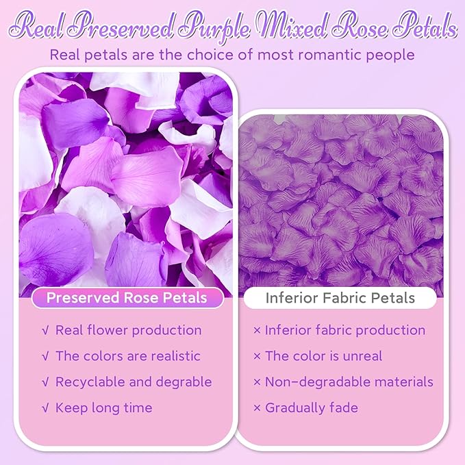 Eslibin 180 PCS Real Purple White Rose Petals for Wedding Flower Girl to Throw, 1.75oz Mixed Fresh Dried Rose Petal for Proposal Centerpieces Valentine's Day Romantic Night Decor