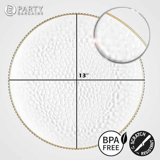 PARTY BARGAINS 13-Inch Charger Plates - 48 Pack, Hammered Clear Gold Rim, Heavy-Duty Disposable Chargers for Elegant Dining - Ideal for Weddings and Formal Events