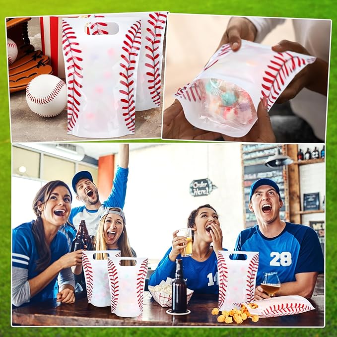 Blosssound 50 Pcs Sport Plastic Bags Clear Baseball Sealed Pouches with Handles Resealable Baseball Party Gift Bags for Sports Theme Birthday Party Candy Gift Wrap Supplies Decoration