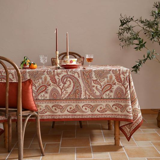 ISAENNE Designer French Red Long Rectangle Tablecloth,Linen Table Cloth with Cashew Pattern,Stain Proof Decor Tablecloths for Dining Thanksgiving Kitchen Christmas,63"*102"-Chauffrey D