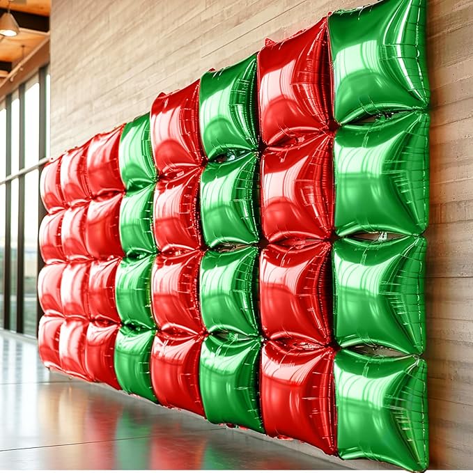 NISOCY 25PCS Christmas Balloons Red Green Square Foil Balloon Wall Backdrop Double Sided Metallic Red Balloons Arch Kit for New Years Birthday Anniversary Bridal Baby Shower Party Decorations