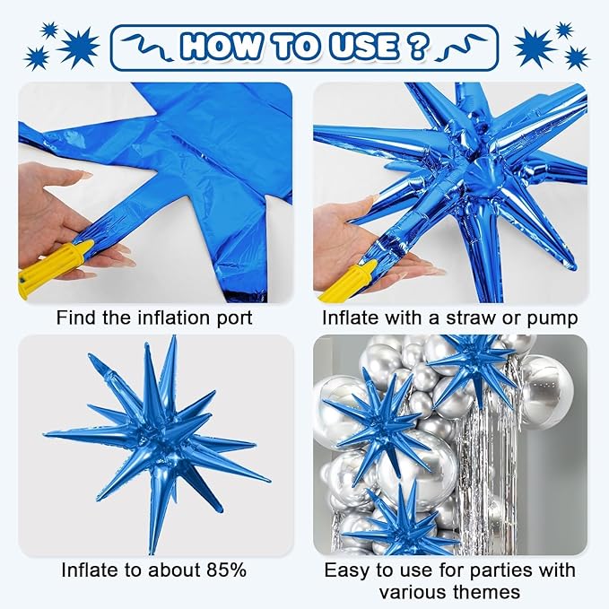 Black Blue Silver Star Balloons,9Pcs 22Inch Black Blue Silver Explosion Spike Cone Helium Polyester Film Star Foil Balloons for Birthday Anniversary Baby Shower Disco Party Decorations