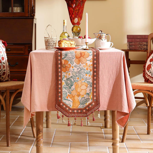 Designer Vintage Orange Floral Table Runner,French Soft Linen Farmhouse Table Runners 71 Inches Long,Decor Tabletop for Kitchen,Dining,Tea Party,Home,Christmas,12"*71"