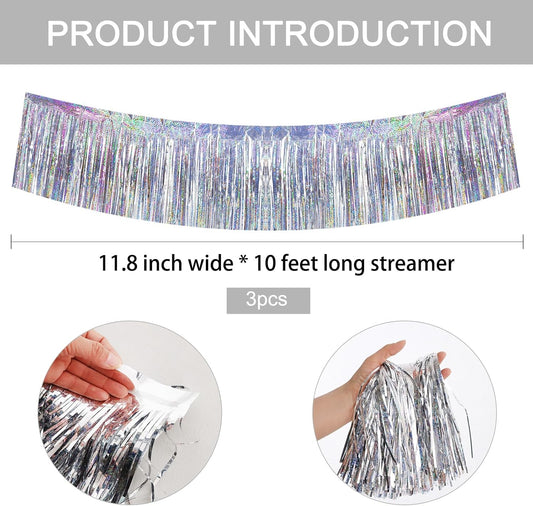 BEISHIDA 3 Packs 30 Feet Metallic Foil Fringe Garland Tinsel Streamers,Laser Silver Wall Hanging Tinsel Fringe Banners for Wedding Birthday Party Decoration Halloween Christmas New Year