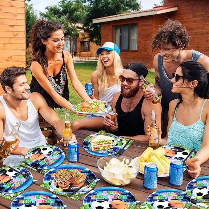 OBUSATT 96Pcs Sport Theme Party Supplies Basketball Paper Plates Napkins All-Star Party Decorations Dinnerware Favor Basketball Forks Football Baseball Soccer Decor Birthday Tableware Serves 24