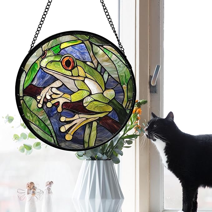 Stained Glass Window Hanging, Teal Frog Sun Catcher for Door Home Decor Green Suncatcher Christmas Mother's Day Birthday Gifts for Women Men Mom and Nana 6.3 in