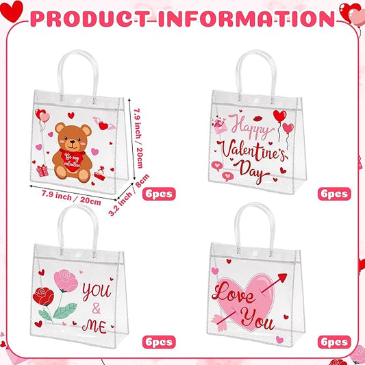 H1vojoxo Valentine's Day Gift Bags - 24PCS Happy Valentine's Day Clear PVC Gift Bags with Handle 7.9x3.2x7.9 Inches Reusable Valentines Candy Goodie Bags for Classroom Kids Gift Exchange Party Favors