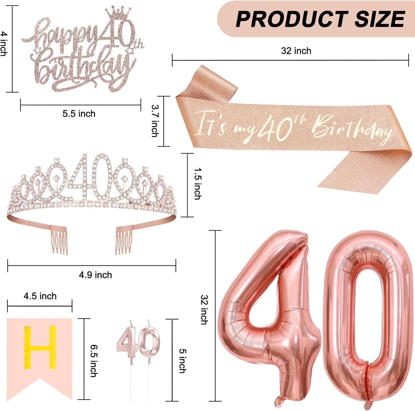 40th Birthday Decorations for Women, Including 40th Tiara and Sash, Happy Birthday Banner, Cake Toppers, Number Candles and Balloons Set, Rose Gold