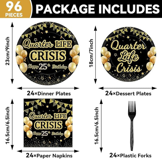 96PCS 25th Birthday Party Paper Plates and Napkins Set for Happy Quarter Life Crisis Cake Dessert Plates Disposable Supplies Black Gold 25 Year Old Theme Tableware Set for Men Women Party Decorations