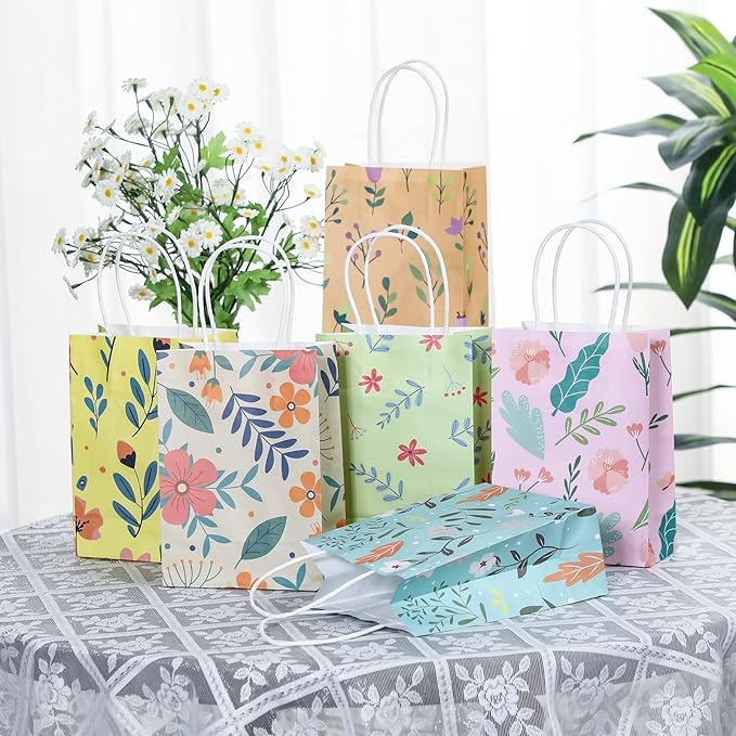 Kolldenn 36 Pcs Floral Gift Bags Watercolor Tea Party Treat Goodie Bags Women with Handles Thank You Birthday Candy Treat Engagement Party Supplies, 8.3 x 5.9 x 3.1 Inches(Chic)