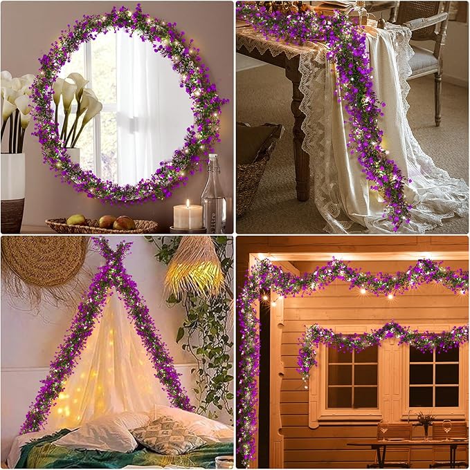 RECUTMS Artificial Garland Greenery Hanging Spring Lighted Garland Artificial Vine Plants Spring Eucalyptus Vine with Lights for Indoor Outdoor Home Wedding Mantel Party Kitchen Decor(Fuchsia)
