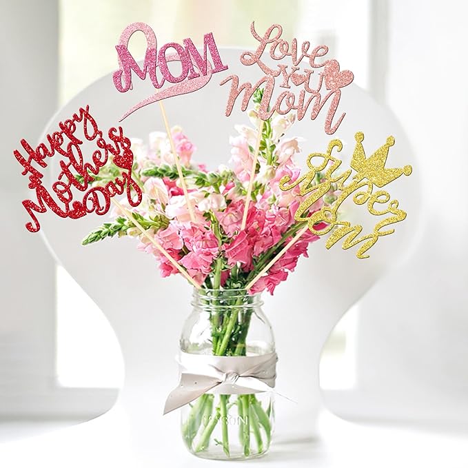 12 PCS Happy Mother's Day Centerpiece Sticks Double Sided Glitter Love Super Mom Best Mom Centerpieces for Happy Mother's Day Theme Table Flower Decorations Women Birthday Party Supplies Colorful