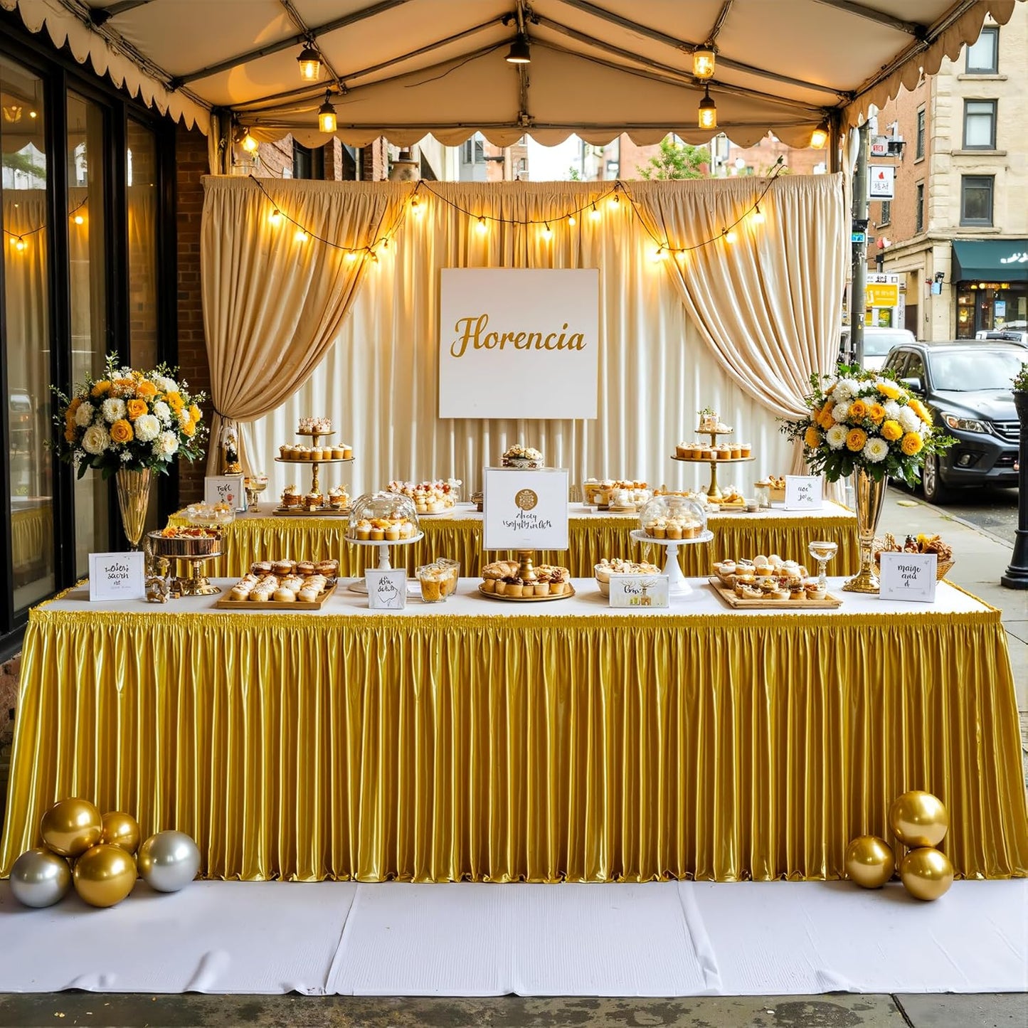 Wish Care 14ft Gold Satin Table Skirt for Rectangle Tables Wrinkle Free Glitter Desk Skirts Pleated Ruffle Table Cloth for Wedding Birthday Graduation Cocktail Party Buffet Display Table Decorations