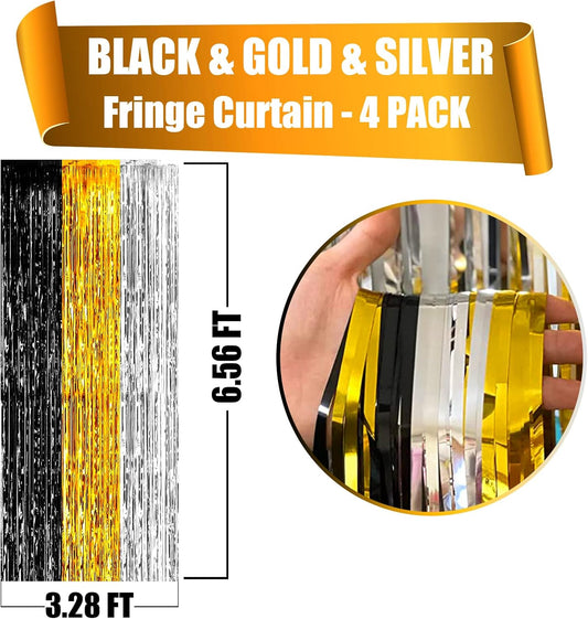 4 Pack Black Gold Silver Foil Fringe Curtain Backdrop, 3.28Ft x 6.56Ft Metallic Tinsel Foil Fringe Streamers for Photo Booth, Wedding, Notorious One Birthday Roaring 20s Graduation Party Decoration