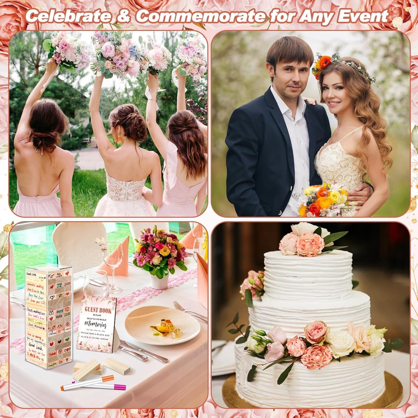 80 Pcs Wedding Guest Book Alternative Wooden Block Guest Book for Wedding Sign in Bridal Shower Decoration Wooden Block Bridal Shower Game for Sign in, Reception(Floral)