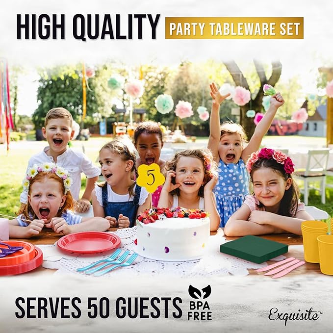 Exquisite 350 Pcs Rainbow Plastic Plates For Party, Rainbow Disposable Plates Set, 50 Of Each 9" Dinner Plate Set, 7" Dessert Plate, Cups, Napkins & Cutlery Plastic Dinnerware