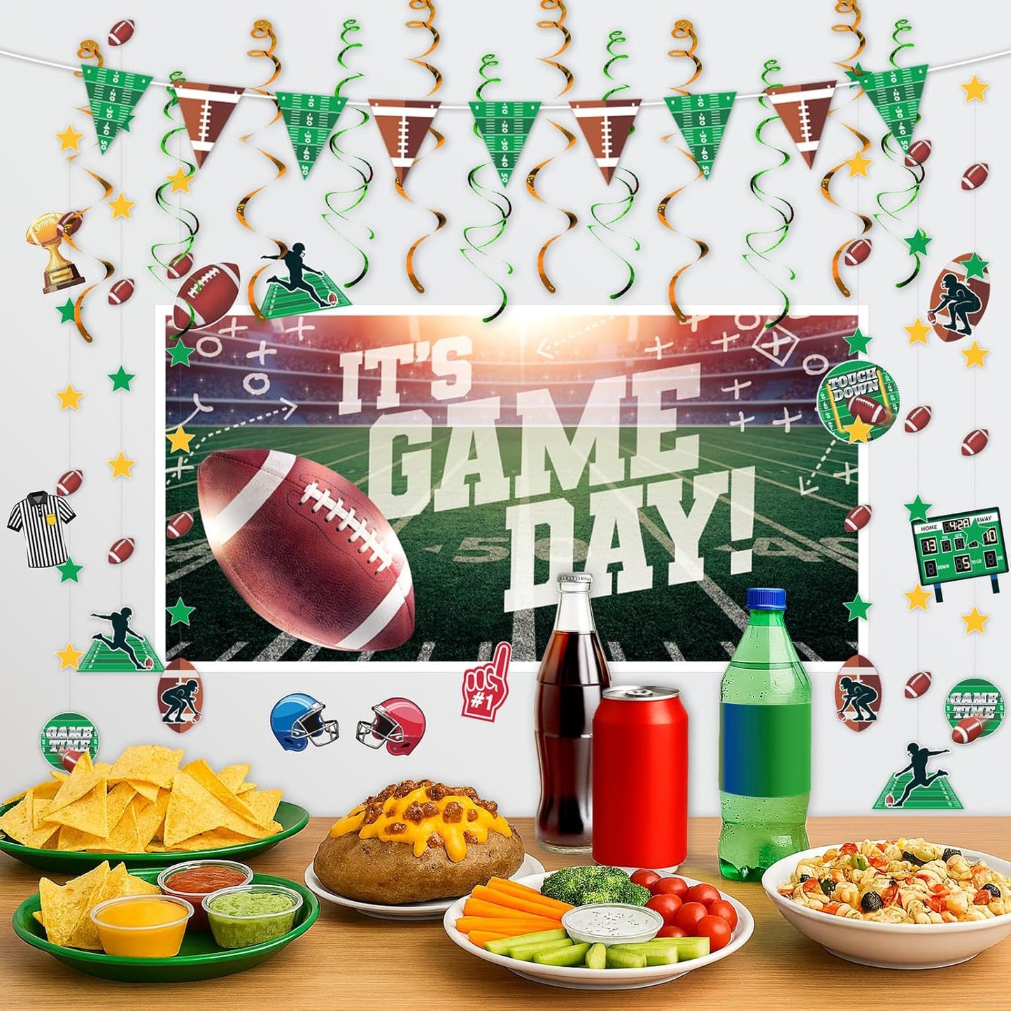 32-Piece Football Party Decoration Kit – Banners, Foil Swirls, Garlands and Cutouts with Helmets, Jerseys and Game Icons for Super Bowl, Tailgate, Sports Birthdays and Team Celebrations