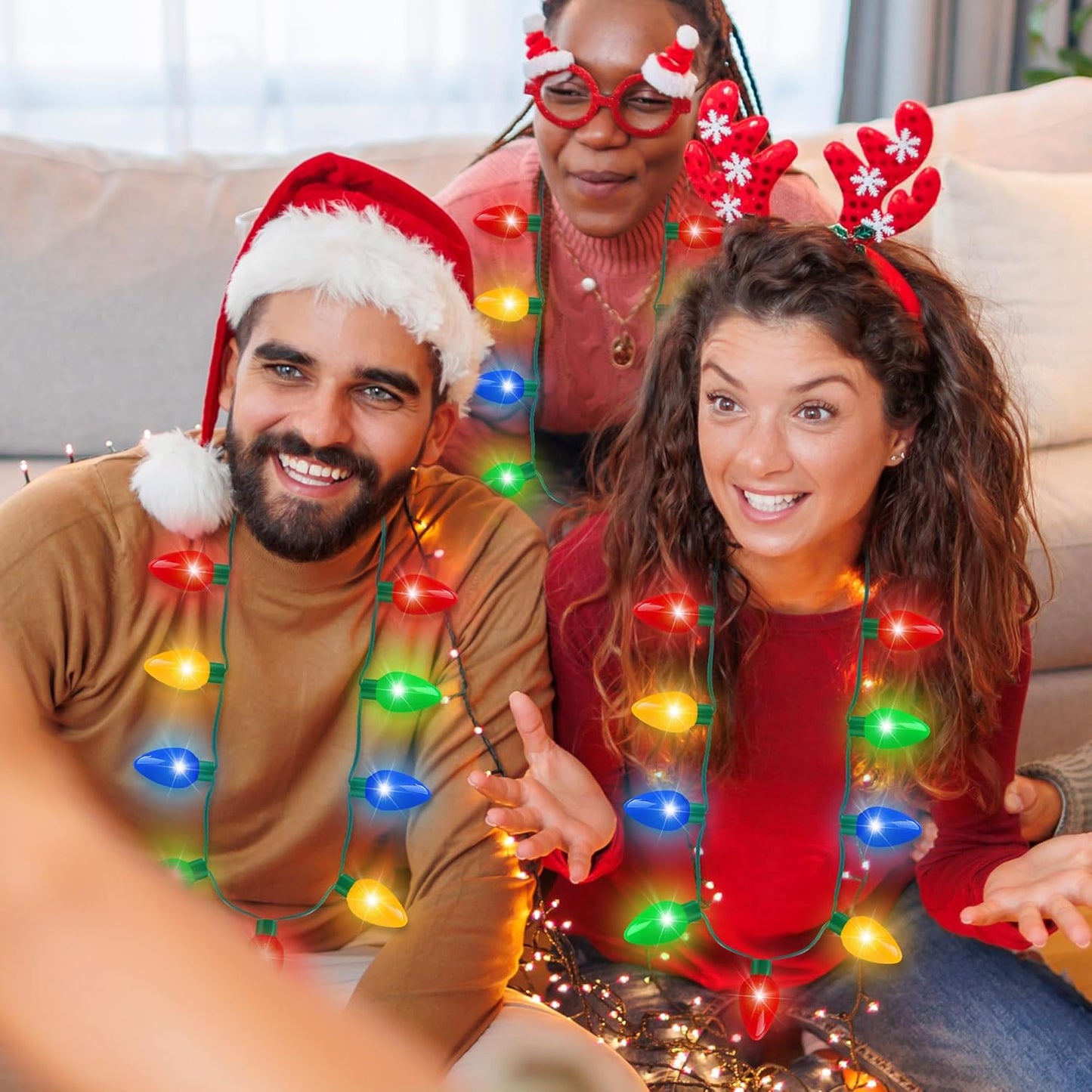 Blowata 12PCS Christmas Necklace, 3 Modes Christmas Accessories, 9 Bulbs Xmas Light Necklace with 4 Color Bulbs, Wearable Lights Necklaces for Ugly Sweater Party Supplies Xmas New Year Favor Decor