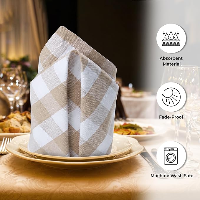 Urban Villa Cotton Dinner Napkins Set of 6, Highly Absorbent 20x20 Inches Premium Cloth Napkins Hotel Quality Reusable & Washable Table Dinner Napkins for Home & Weddings - Taupe/White, Checks
