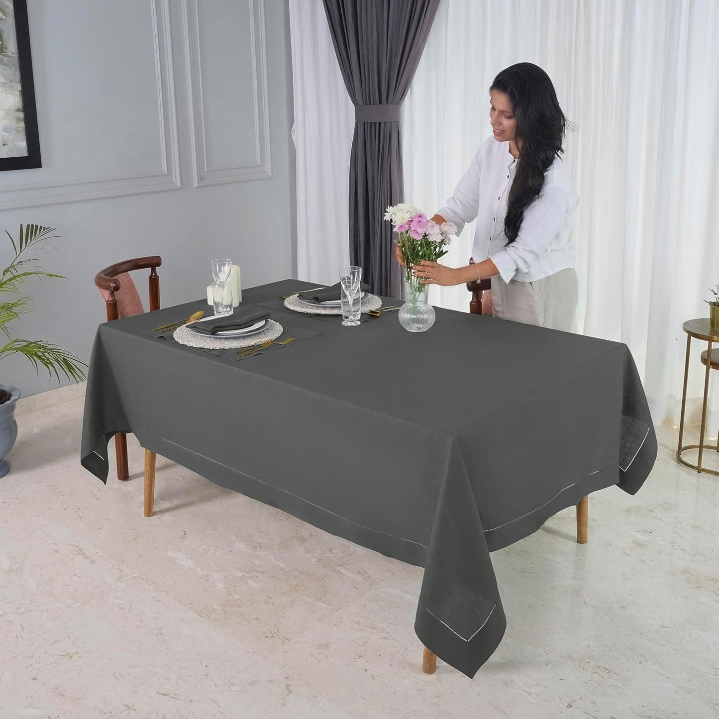 D'Moksha Homes Charcoal Grey Linen Tablecloth for Rectangle Tables 60 x 90 Inch - 100% Pure Linen Grey Table Cloth - Classic Hemstitch, Machine Washable Tablecloth for Thanksgiving, Holiday