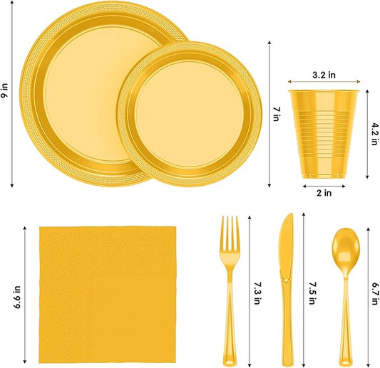 350 Pcs Yellow Plastic Plates For Party, Yellow Disposable Plates Set, 50 Of Each 9" Dinner Plate Set, 7" Dessert Plate, Cups, Napkins & Cutlery Plastic Dinnerware Exquisite