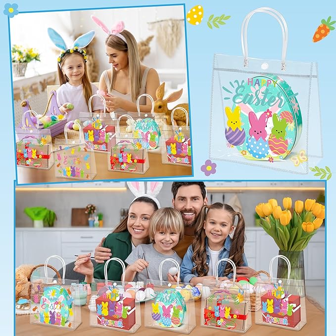 H1vojoxo Happy Easter Gift Bags - 24PCS Colorful Bunny Eggs Clear PVC Tote Bags with Handle Printed with Rabbits Eggs Clear Reusable PVC Gift Wrap Bags for Holiday Party Favor Easter Hunt Bag for Kids