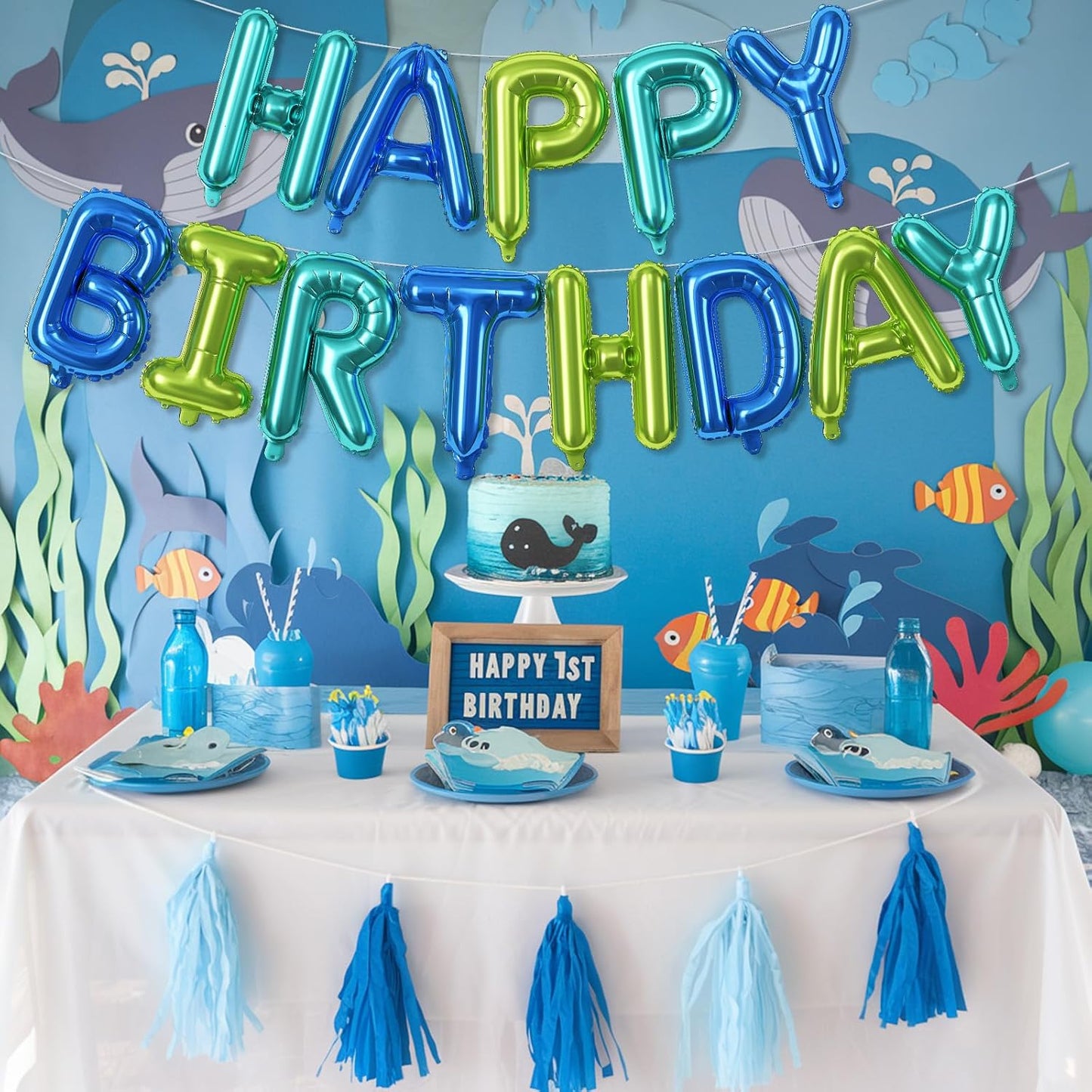 Blue and Green Happy Birthday Balloon Banner, 16 Inch Teal Blue and Lime Green Happy Birthday Bunting Banner Letter Foil Balloons for Boys Ocean Under the Sea Theme Birthday Party Decorations Supplies