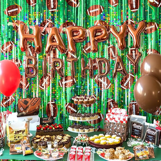 2 Packs Football Foil Fringe Curtain, Green Glitter Metallic Tinsel Backdrop for Birthday, Baby Shower, Super Bowl, Football Party Decorations Supplies