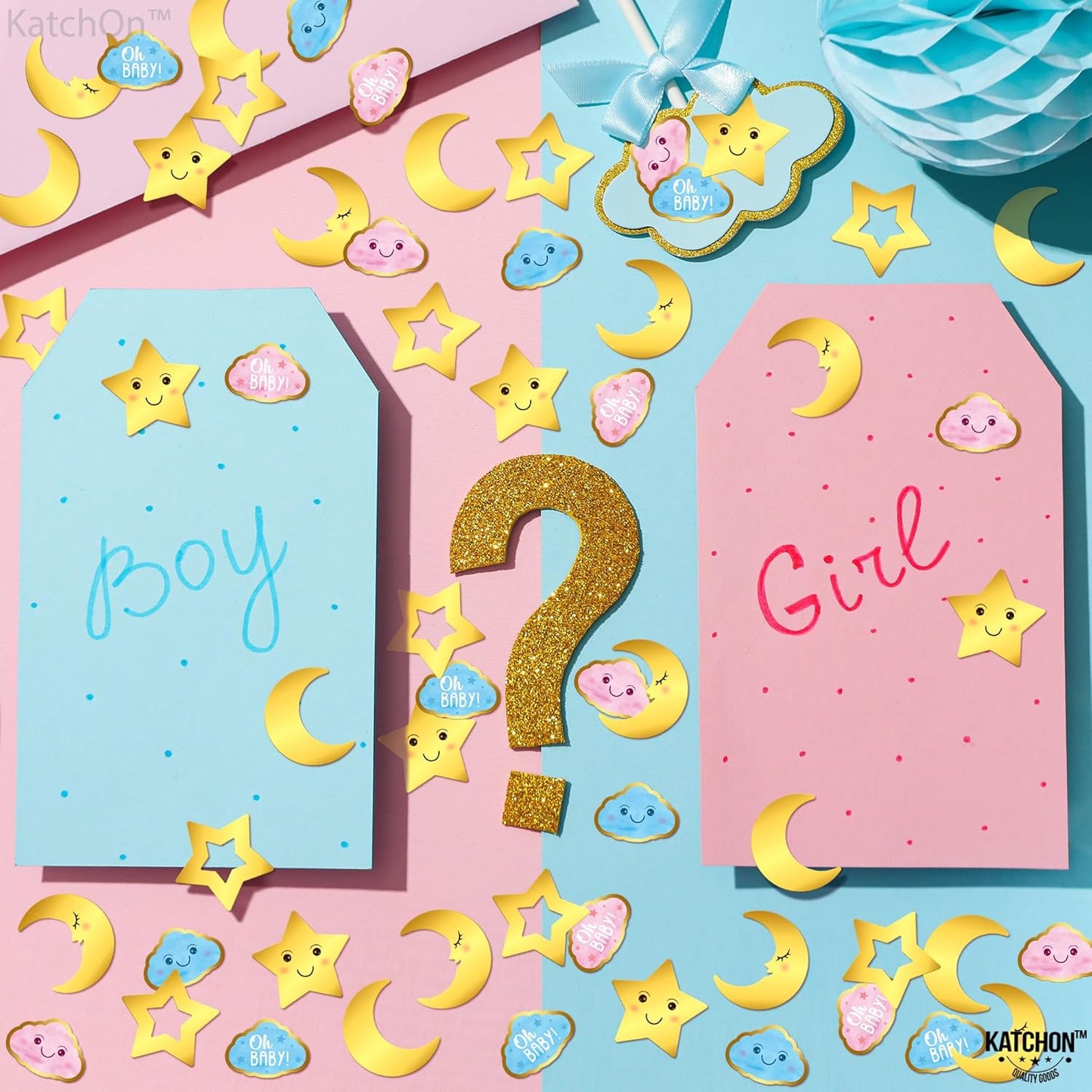 KatchOn, Baby Shower Confetti for Tables - Pack of 240 | Star and Moon Confetti For Gender Reveal Table Decorations | Pink, Blue and Gold confetti For Gender Reveal Party Decorations