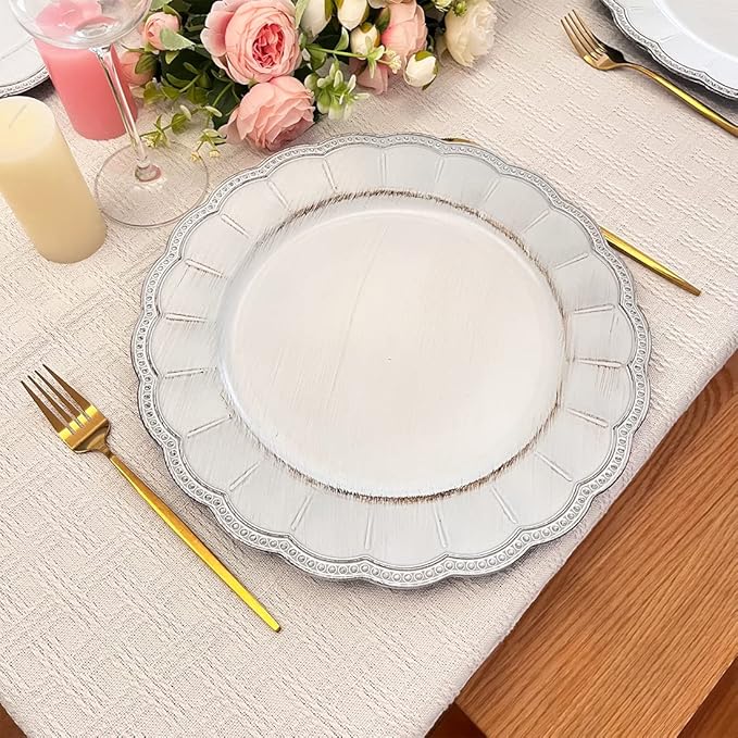 White Antique Charger Plates,13 Inch Metallic Chargers for Dinner Plates, Bead Rim Plastic Chargers For Dining, Wedding, Party,Shower. 6 Pack Decorative Holiday Tabletop Decor