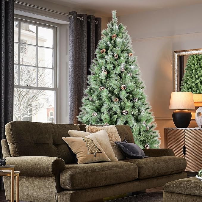 9FT Frosted Christmas Tree with 122 Pine Cone & Pine Needles, Premium Unlit Artificial Christmas Tree with 2518 Branch Tips, Realistic Hinged Xmas Trees with Metal Stand for Holiday Decoration
