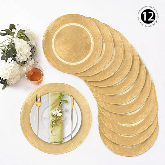 MAONAME Foil Gold Charger Plates Set of 12, 13" Plate Chargers for Dinner Plate, Plastic Round Chargers for Table Setting, Wedding Bulk
