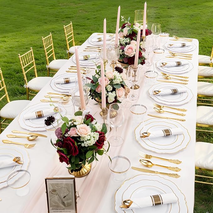 Liacere 700PCS Gold Plastic Plates - Baroque Dinnerware Sets for 100 Guests - 200 Disposable Plates(10inch,7inch), 300 Gold Plastic Silverware, 100 Cups, 100 Napkins for Wedding & Easter Day
