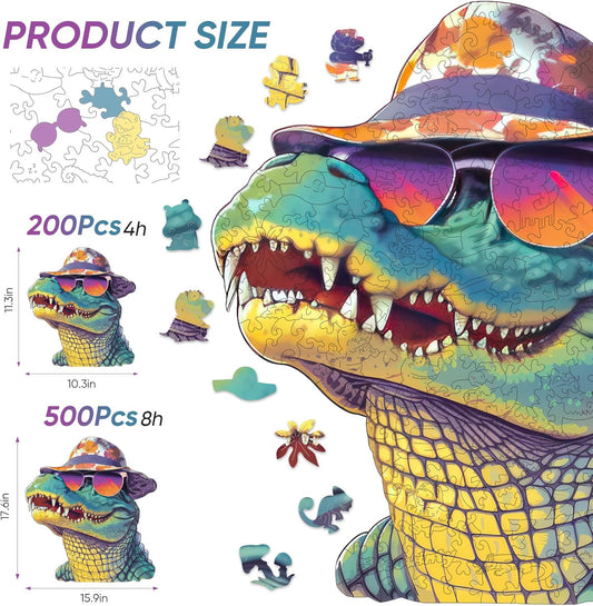 Reouinty Wooden Puzzles for Adults, Glasses Crocodile Jigsaw Puzzles 200 Pieces Animal Unique Shaped Wood Cut Puzzle Gifts for Adults and Kids, Family Puzzle Games