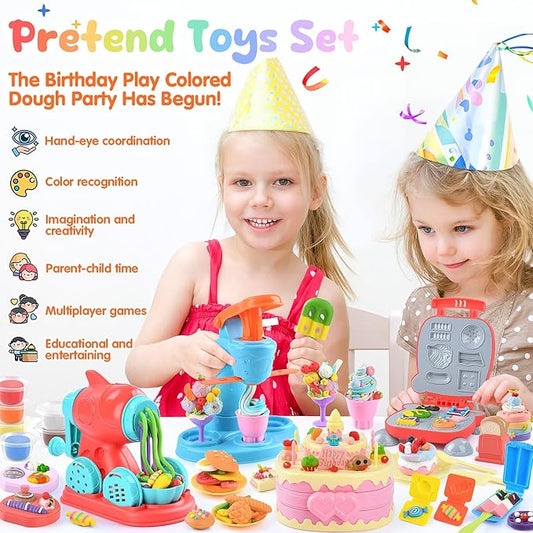 4 in 1 Color Dough Set Kitchen Creations with Ice Cream/Cake/Noodle/Hamburger Maker Machine, Arts Crafts Play Food Toys Tools Kit for Boys Girls Kids Toddlers Ages 3+ , 24 Dough