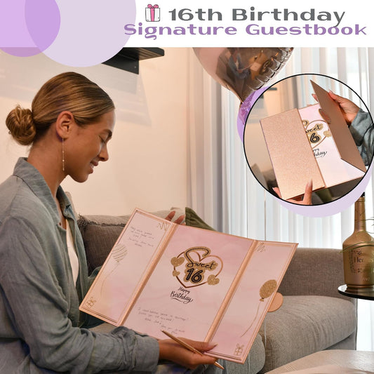 Sweet 16 Birthday Rose Gold Guest Book Party Decorations for Girls 12"x18" - 16 Years Guest Book Alternative - Sweet Sixteen Party Keepsake - Sign In Poster Card, 16th Birthday Gifts - No Pen