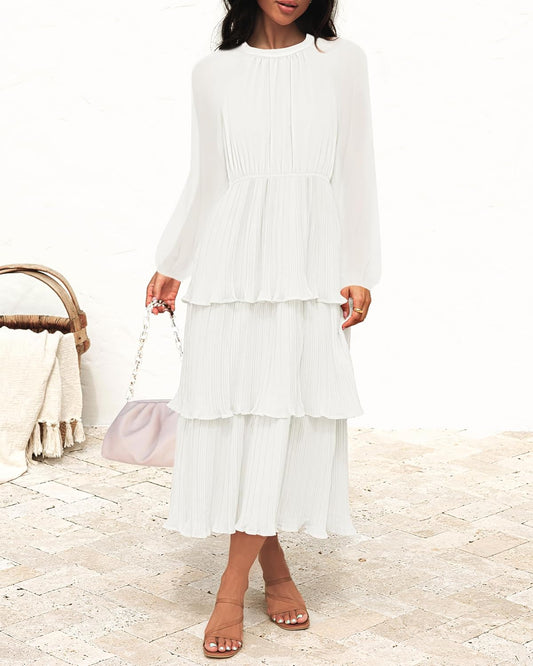 ZESICA Women's 2025 Long Sleeve Crew Neck Ruffle Tiered Layered Chiffon Flowy Swing Long Midi Dress
