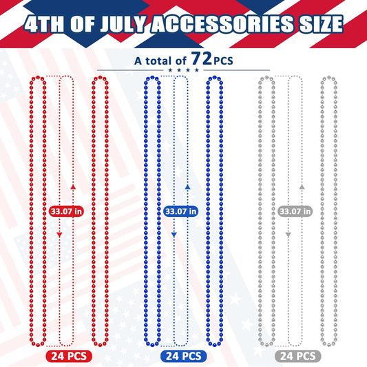 4th of July Necklace Accessories, 72PCS Veterans Day Beads Necklace Bulk, Round Fourth of July Red Blue Silver Beads Party Favors, Bead Bulk for Veterans Day Patriotic Parade Party Celebration